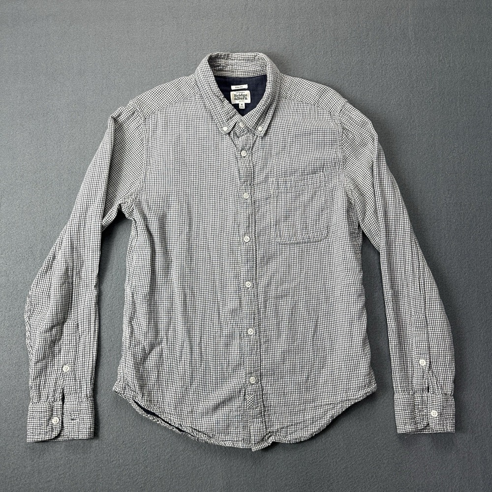 Bridge & Burn Shirt Men Medium Blue Plaid Organic Cotton Slim Fit Flannel Casual